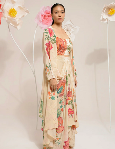 Cream Digital Print Jacket Set