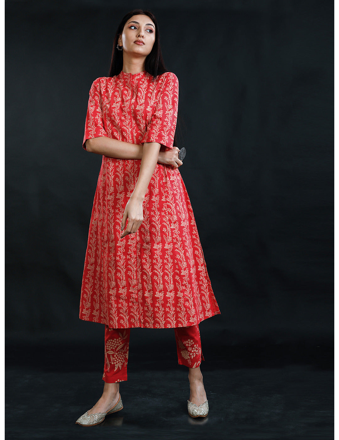 Red Cotton A-Line Kurta