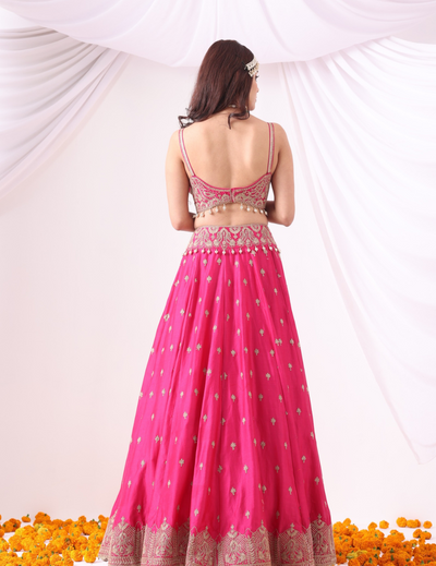 Aabroo Magenta Zari Embroidered Chanderi Lehenga Set