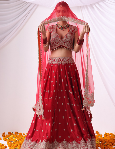 Mehr Maroon Zari Embroidered Chanderi Lehenga Set