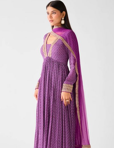 Purple Chinon Zari Work Anarkali Set