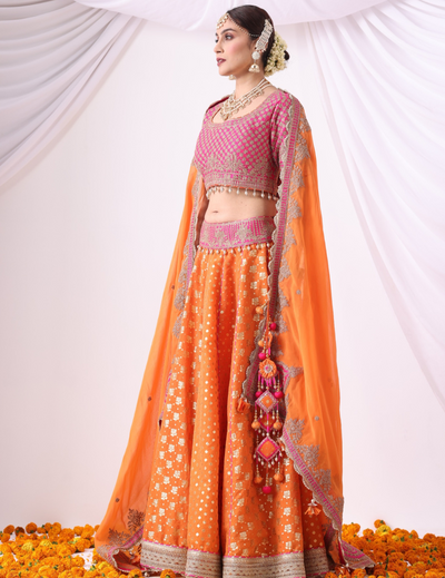 Ruhani Orange & Magenta Zari Buti Chanderi Lehenga Set