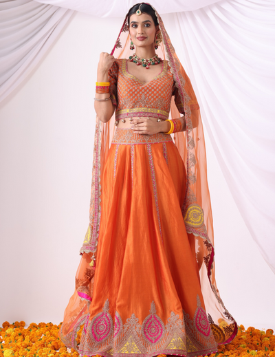 Surya Orange Zari Embroidered Chanderi Lehenga Set