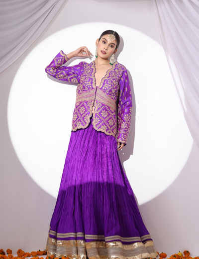 Aabha Violet Crushed Silk Skirt Set