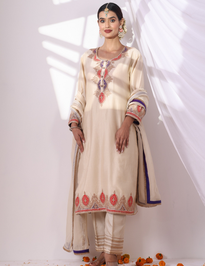 Saanvi Ivory Embroidered Kurta Set with Palazzo & Dupatta