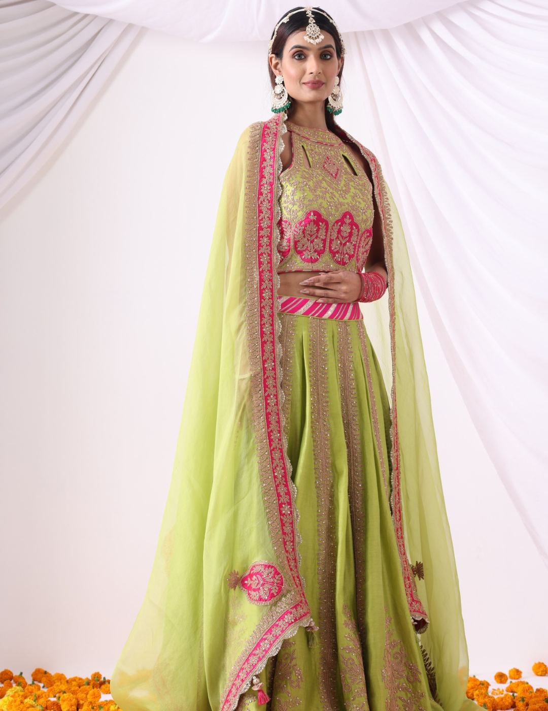 Sitara Parrot Green Zari Chanderi Lehenga Set