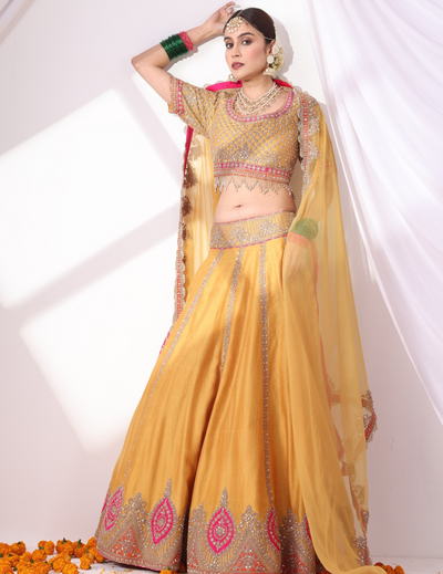 Aaranya Mustard Zari Embroidered Chanderi Lehenga Set