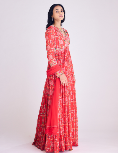 Red Printed Anarkali