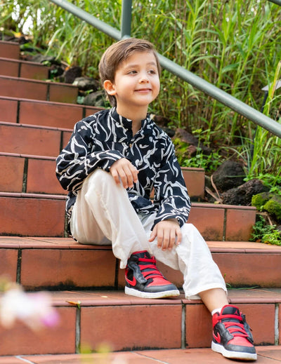 Iman Boys Short Kurta in Patterned Black