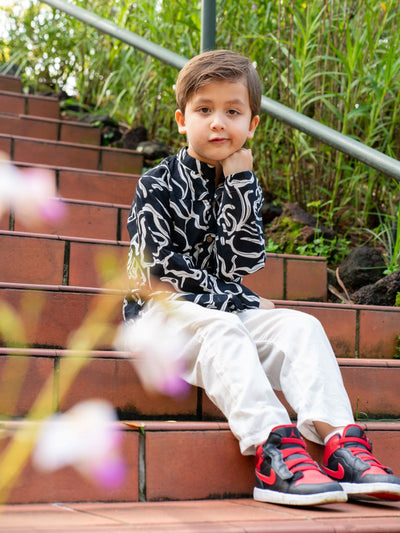 Iman Boys Short Kurta in Patterned Black