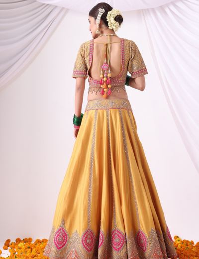 Aaranya Mustard Zari Embroidered Chanderi Lehenga Set