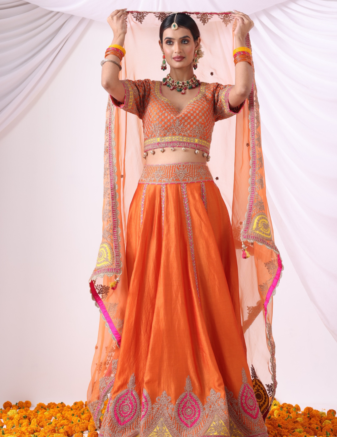 Surya Orange Zari Embroidered Chanderi Lehenga Set