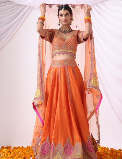 Surya Orange Zari Embroidered Chanderi Lehenga Set