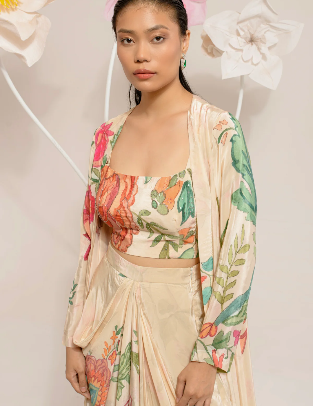 Cream Digital Print Jacket Set