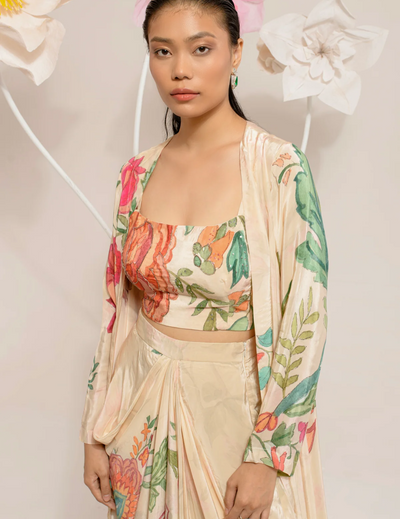 Cream Digital Print Jacket Set