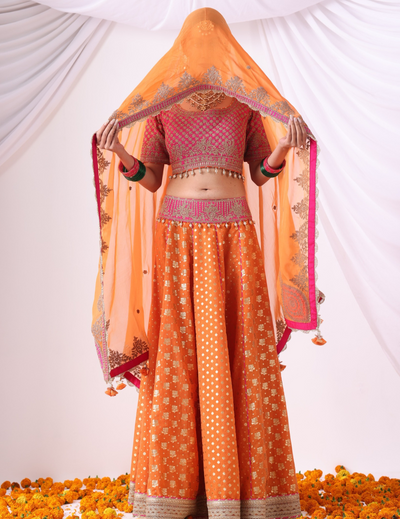 Ruhani Orange & Magenta Zari Buti Chanderi Lehenga Set