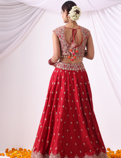 Mehr Maroon Zari Embroidered Chanderi Lehenga Set