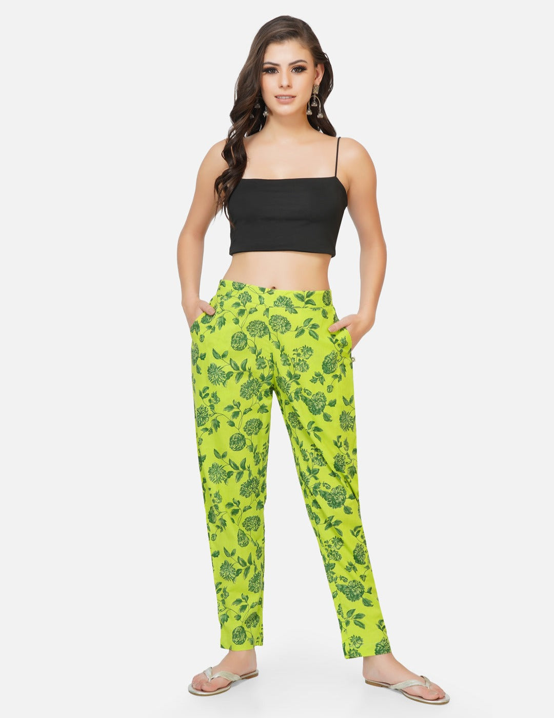 Cotton green printed tapered pants