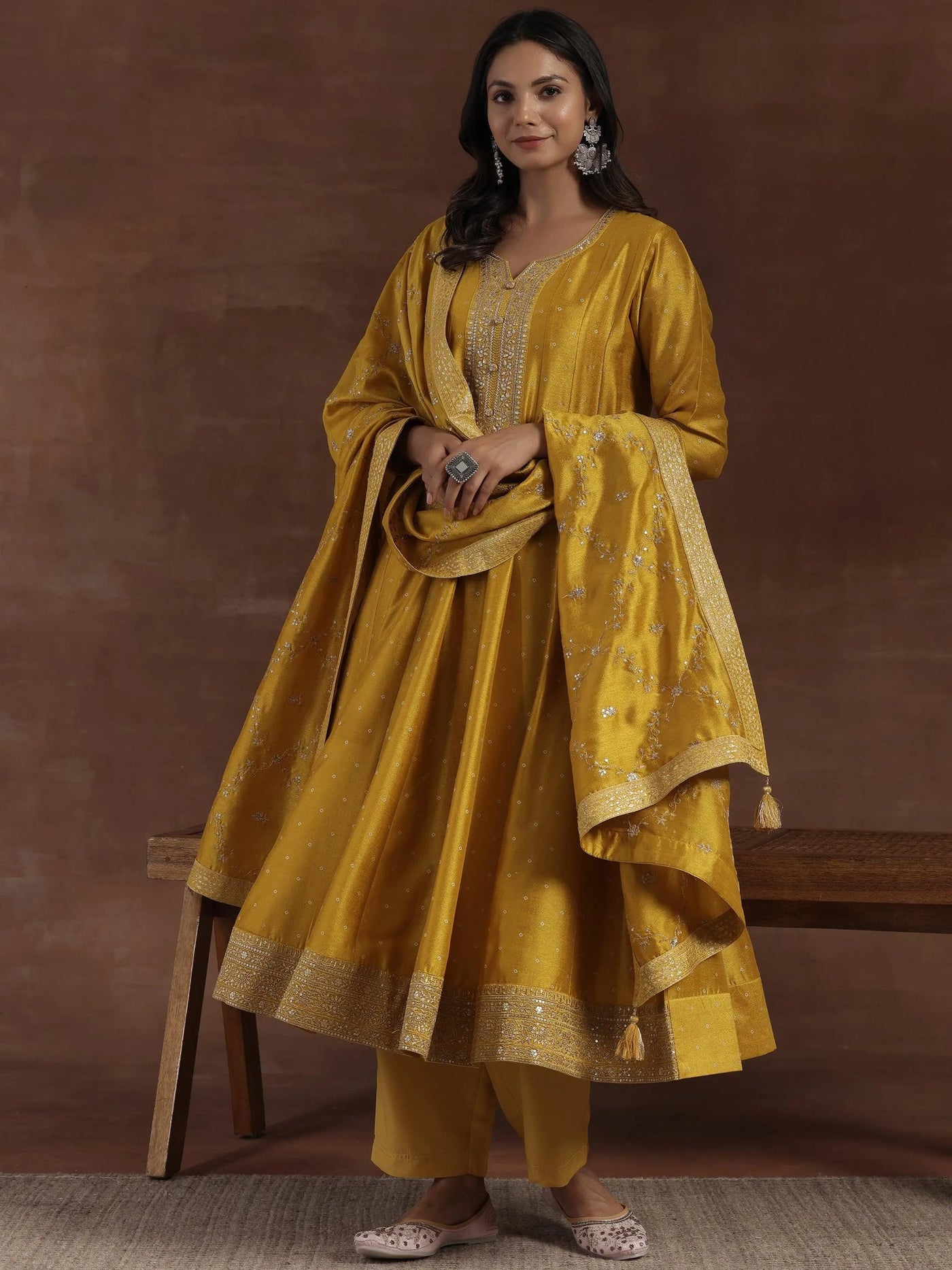 Mustard Yellow Embroidered Silk Blend Straight Suit Set