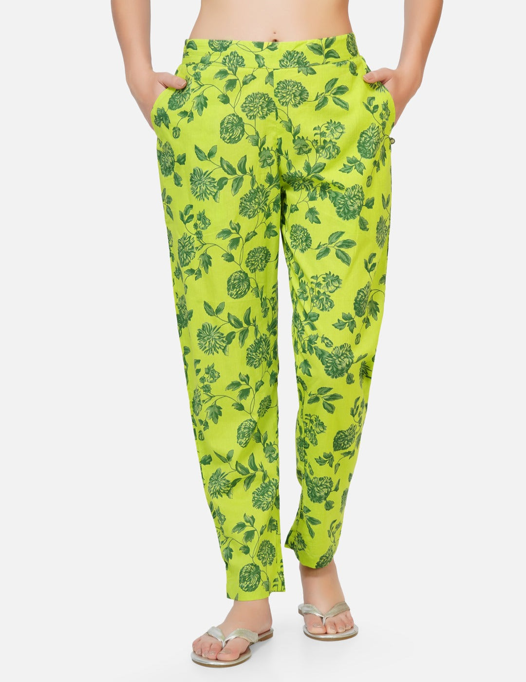 Cotton green printed tapered pants