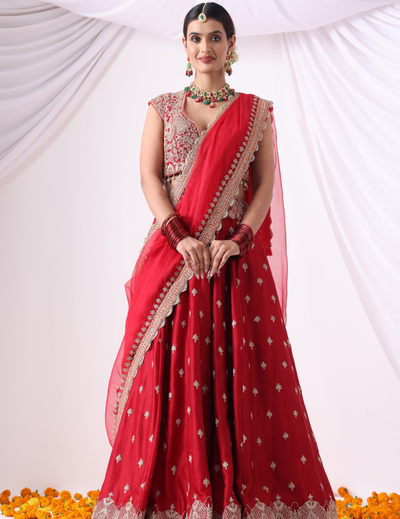 Mehr Maroon Zari Embroidered Chanderi Lehenga Set