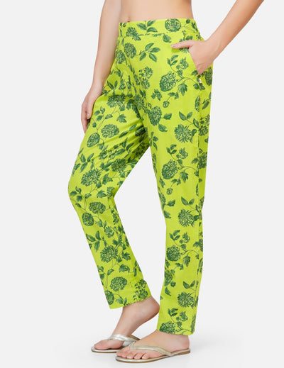 Cotton green printed tapered pants