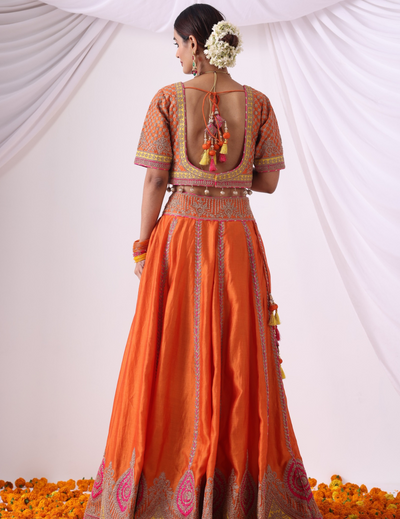 Surya Orange Zari Embroidered Chanderi Lehenga Set