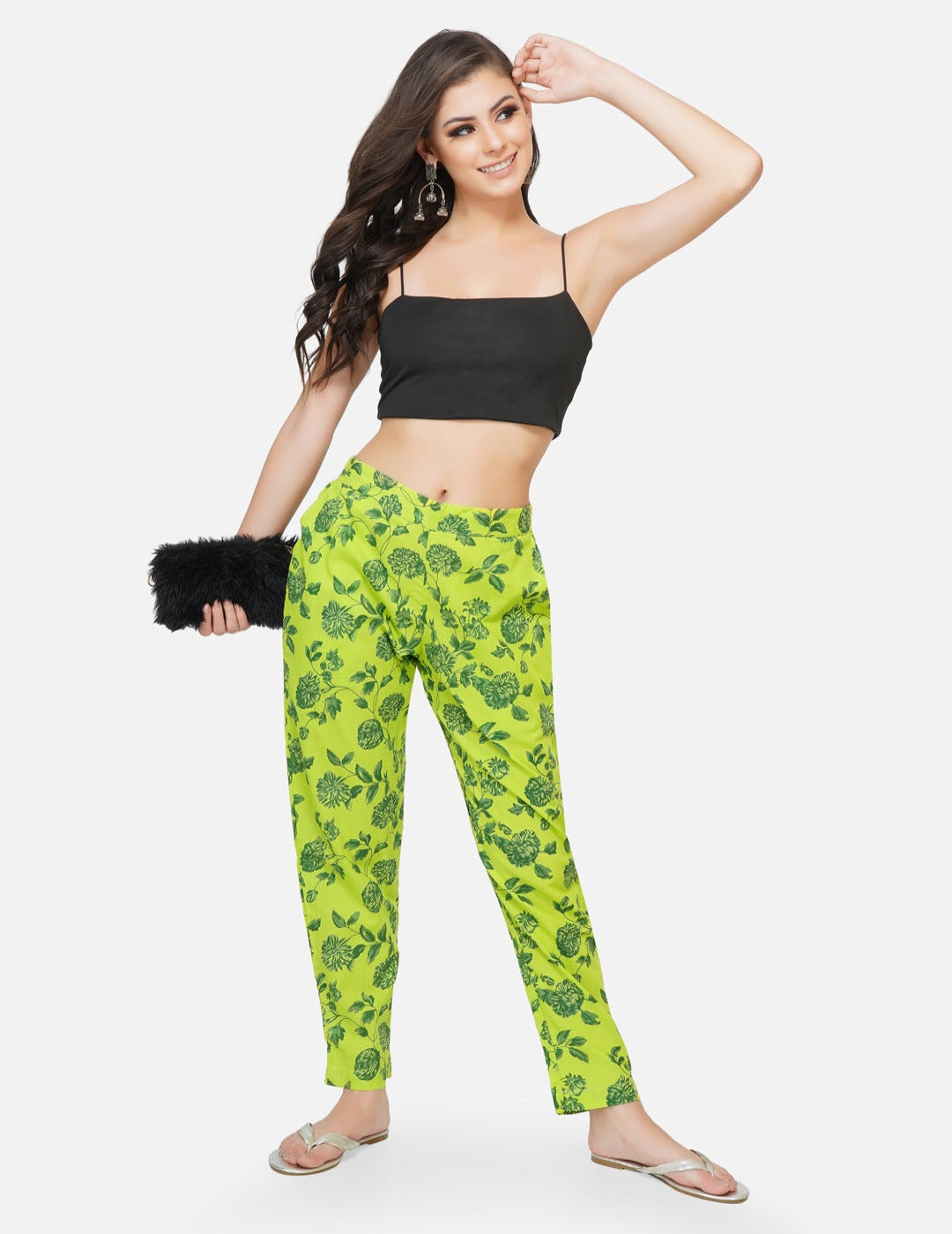 Cotton green printed tapered pants