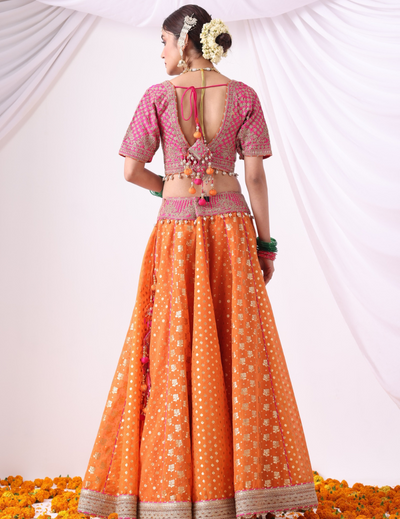 Ruhani Orange & Magenta Zari Buti Chanderi Lehenga Set