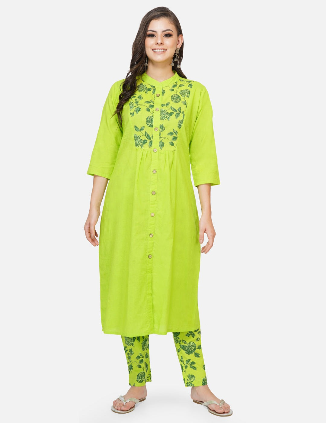 Cotton green solid kurta