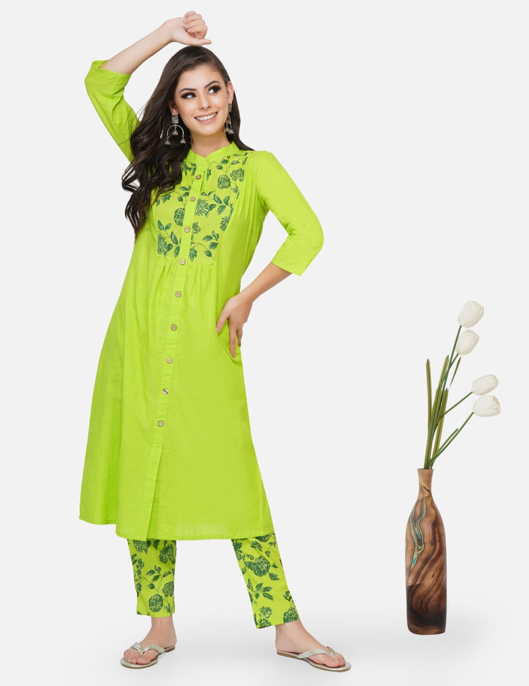 Cotton green solid kurta