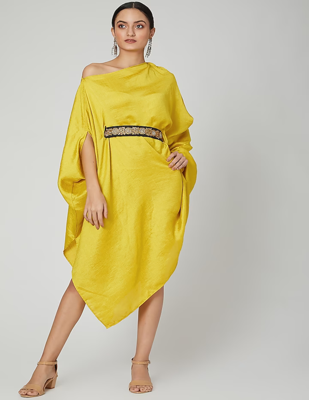 Yellow One Shoulder Belted Dress