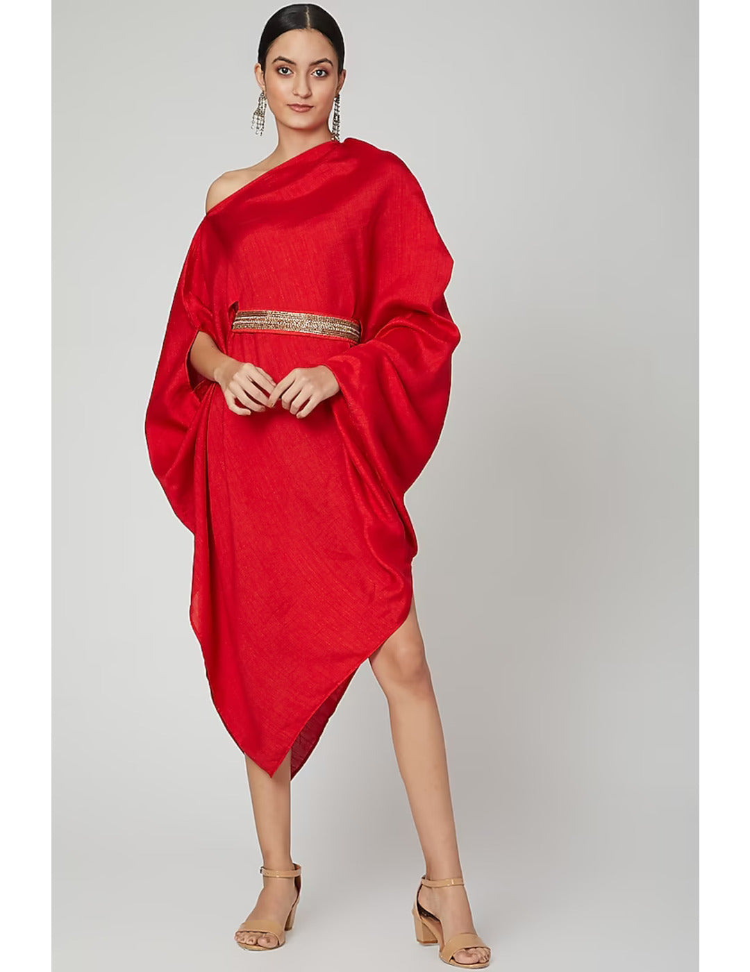 Red One Shoulder Belted Dress
