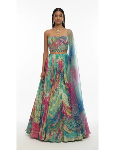Aqua Crepe Embroidered Lehenga Set
