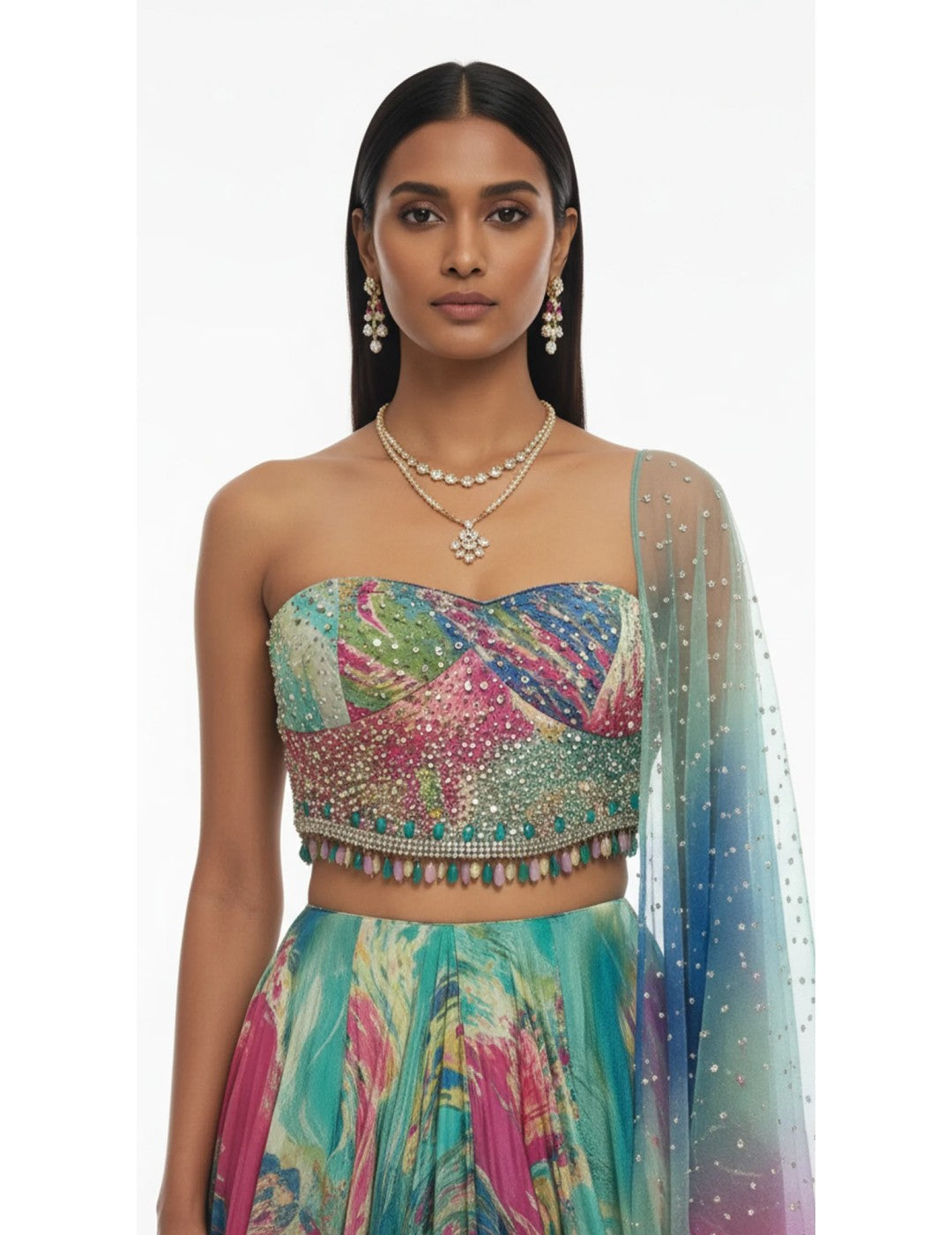 Aqua Crepe Embroidered Lehenga Set