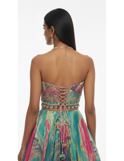 Aqua Crepe Embroidered Lehenga Set
