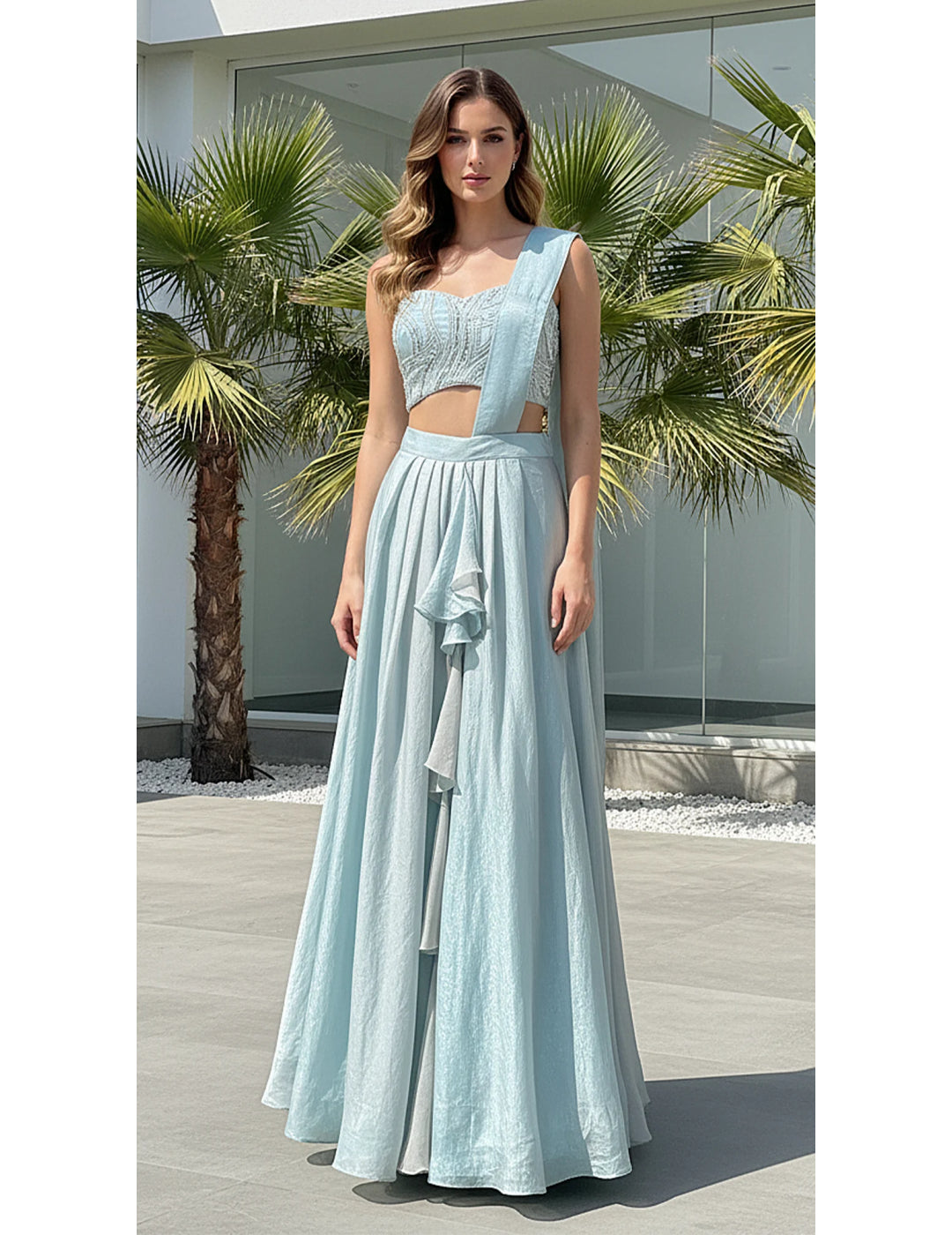 Aqua Crushed Tissue Draped Saree