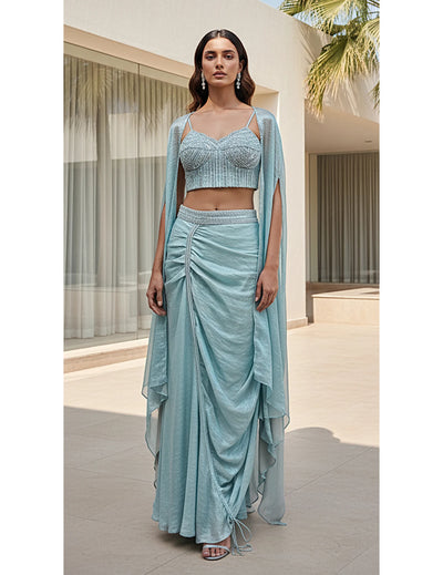 Aqua Crushed Tissue Embroidered Cape Set