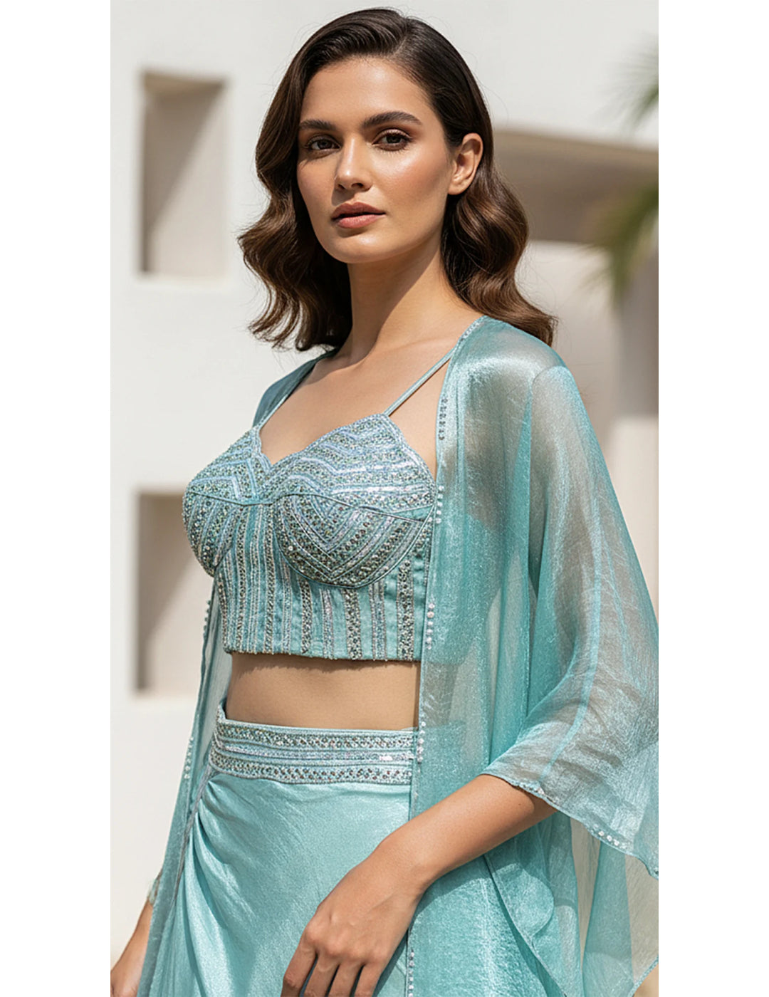 Aqua Crushed Tissue Embroidered Cape Set