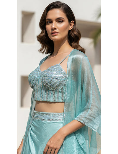 Aqua Crushed Tissue Embroidered Cape Set