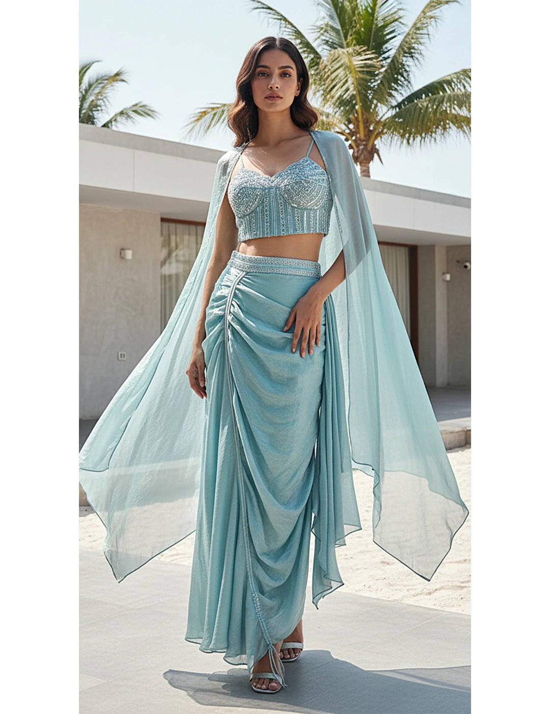 Aqua Crushed Tissue Embroidered Cape Set