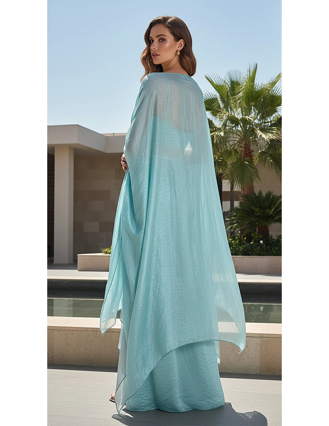 Aqua Crushed Tissue Embroidered Cape Set