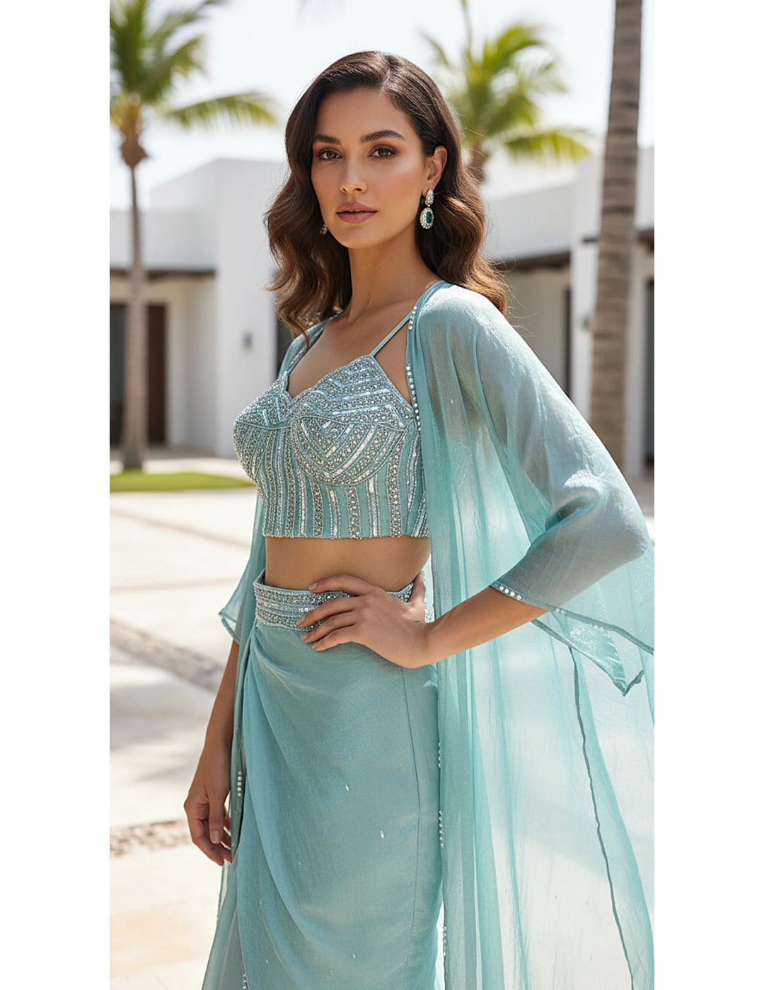 Aqua Crushed Tissue Embroidered Cape Set