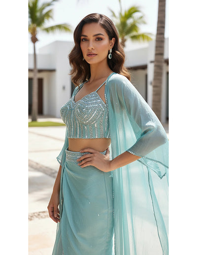 Aqua Crushed Tissue Embroidered Cape Set