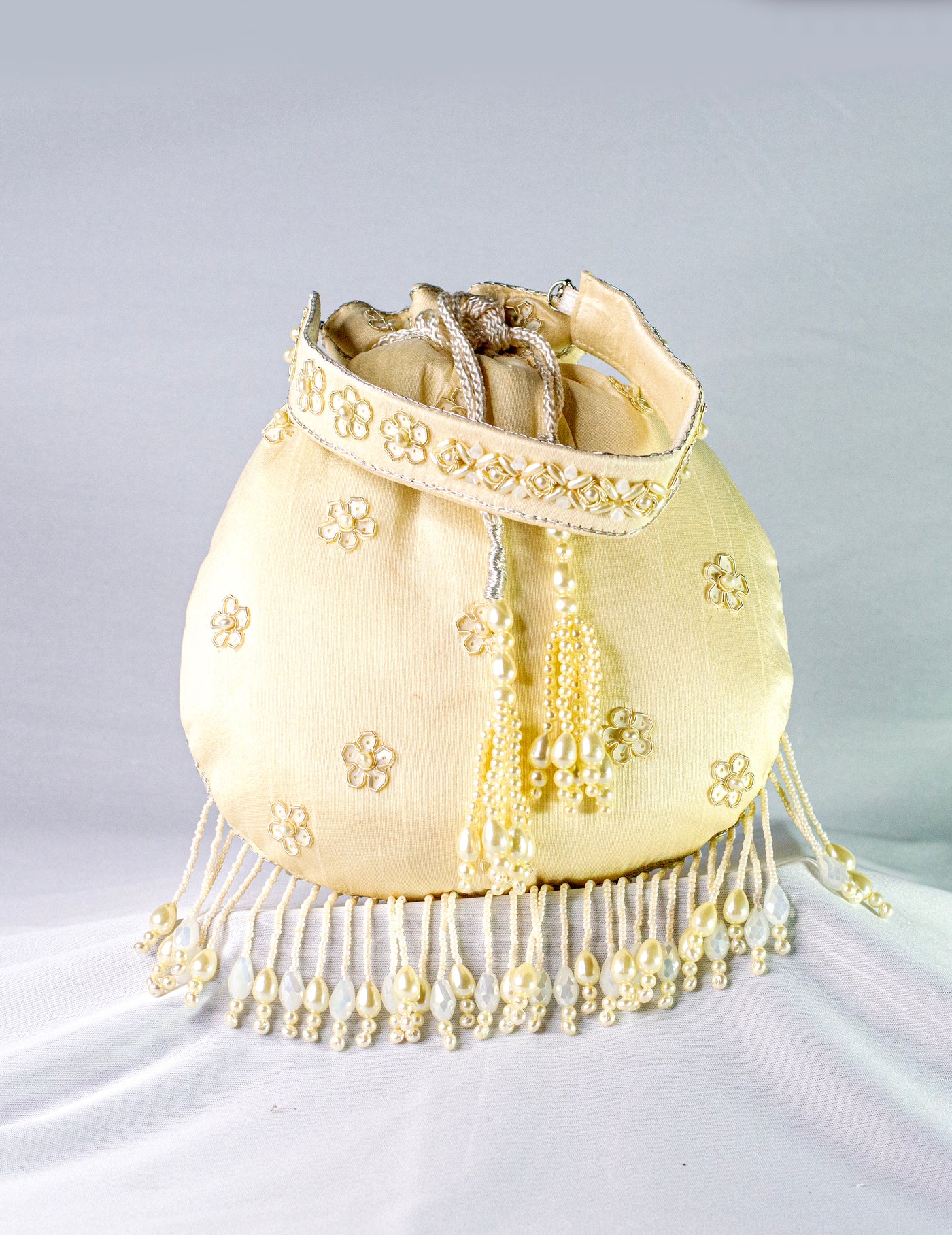 Beige Raw Silk Hand Embellished Potli