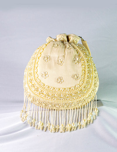 Beige Raw Silk Hand Embellished Potli