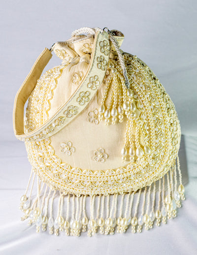 Beige Raw Silk Hand Embellished Potli