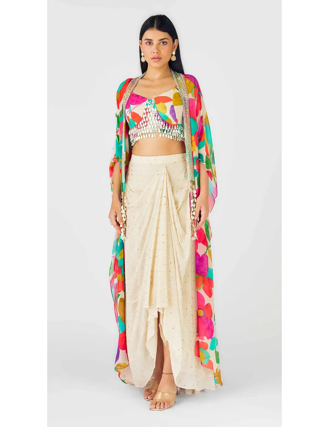 Multi Crepe Embroidered Abstract Cape Set