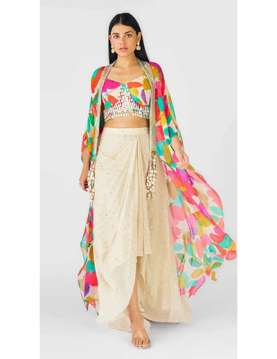 Multi Crepe Embroidered Abstract Cape Set