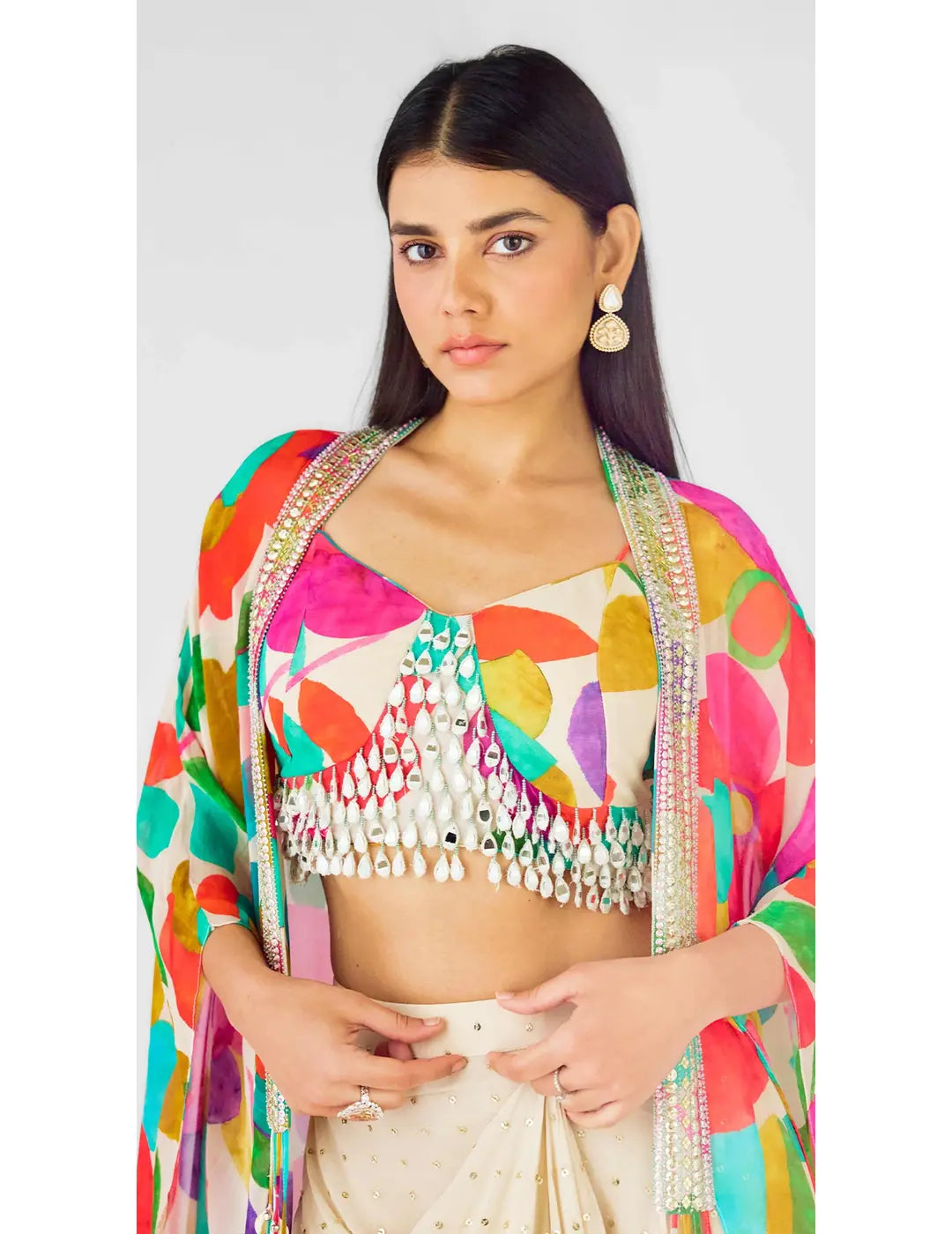 Multi Crepe Embroidered Abstract Cape Set